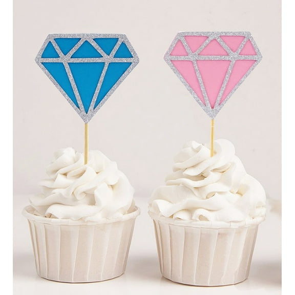 Darling Souvenir, Gender Reveal Diamond Glitter Cupcake Toppers, Boy Or Girl Baby Shower Decoration - Pack Of 20