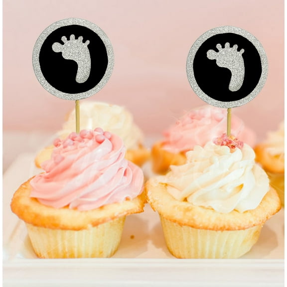 Darling Souvenir, Glitter Baby Foot Baby Shower Cupcake Toppers, Dessert Decorations - Pack Of 20