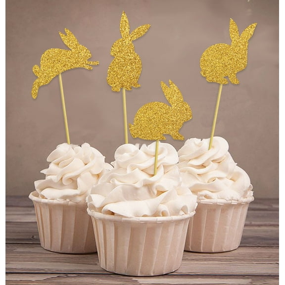 Darling Souvenir, Glitter Gold Easter Bunny Rabbit Cupcake Toppers Dessert Decoration Cupcake Toppers - Pack Of 40