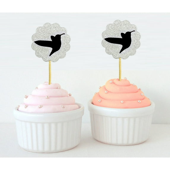 Darling Souvenir, Glitter Scallop Edge Bird Cupcake Toppers, Wedding - Birthday Party Dessert Decorations - Pack Of 20