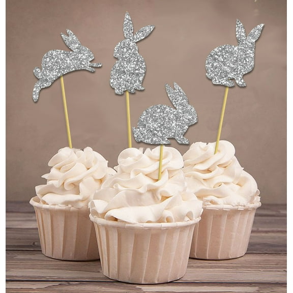 Darling Souvenir, Glitter Silver Easter Bunny Rabbit Cupcake Toppers Dessert Decoration Cupcake Toppers - Pack Of 20