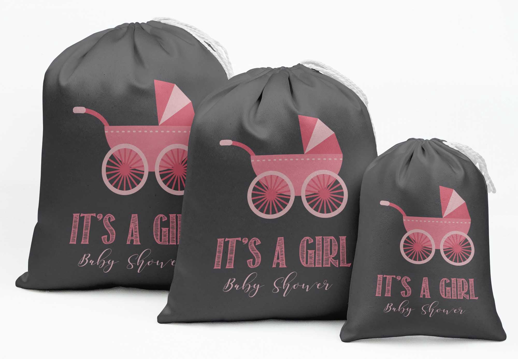 Darling Souvenir Gray Carriage & It'S A Girl Baby Shower Party Supplies&nbsp;Drawstring Pouches&nbsp;Favor Bags 15 Pieces