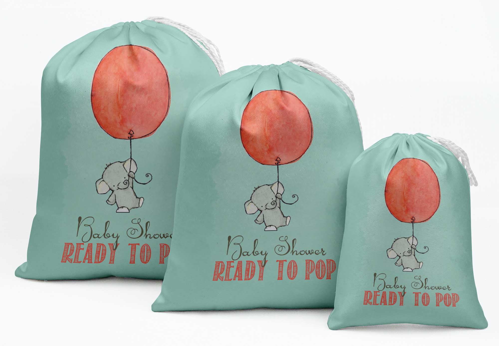 Darling Souvenir Green Elephant & Ready To Pop Baby Shower Party Supplies Favor Bags&nbsp;Drawstring Pouches&nbsp;15 Pieces