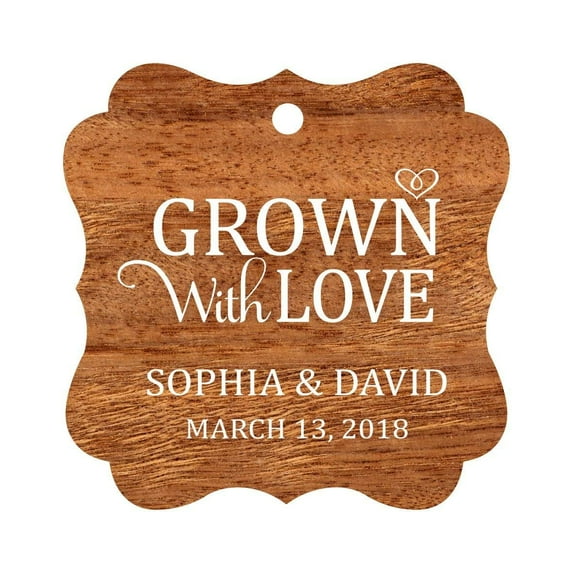 Darling Souvenir Grown With Love Personalized Fancy Frame Bonbonniere Wedding Party Favor Paper Tags-Rustic Wood-50 Tags
