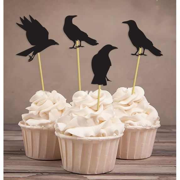 Darling Souvenir, Halloween Party Black Crow Cupcake Toppers, Party Dessert Cake Decorations - Pack Of 40