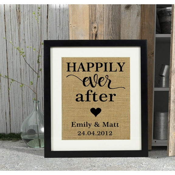 Darling Souvenir Happily Ever After Burlap Print Wall Decor Personalized Wedding Gift for Couple-Burlap Print Only(8 x 10 Inches)
