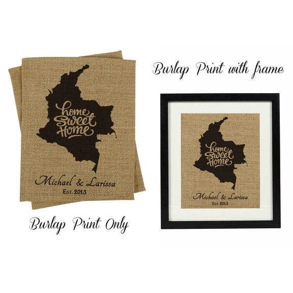 Darling Souvenir Home Sweet Home Burlap Print Wall Decor Colombia Map Personalized Housewarming Gift-Burlap Print Only(8 x 10 Inches)