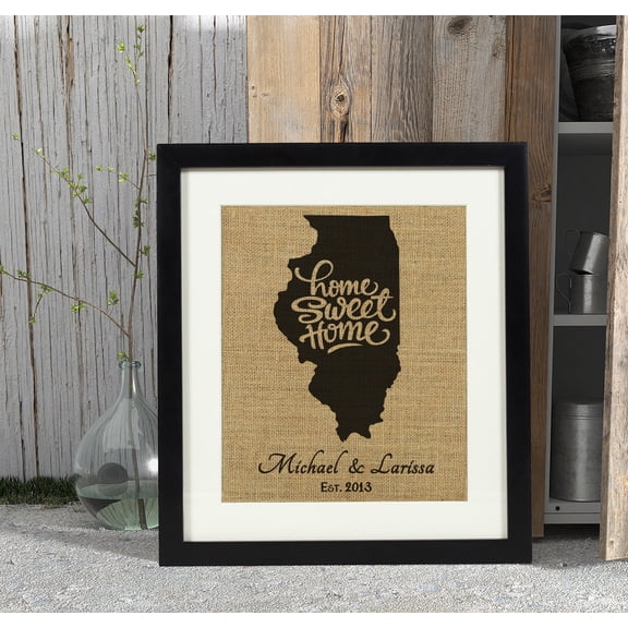Darling Souvenir Home Sweet Home Burlap Print Wall Decor Illinois Map Personalized Housewarming Gift-Burlap Print Only(11 x 14 Inches)
