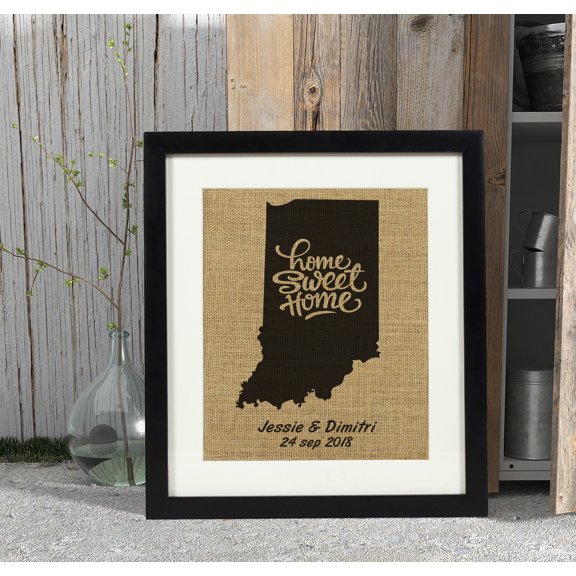 Darling Souvenir Home Sweet Home Burlap Print Wall Decor Indiana Map Personalized Housewarming Gift-Burlap Print Only(11 x 14 Inches)