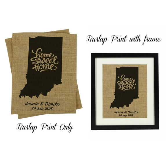 Darling Souvenir Home Sweet Home Burlap Print Wall Decor Indiana Map Personalized Housewarming Gift-Burlap Print Only(8 x 10 Inches)