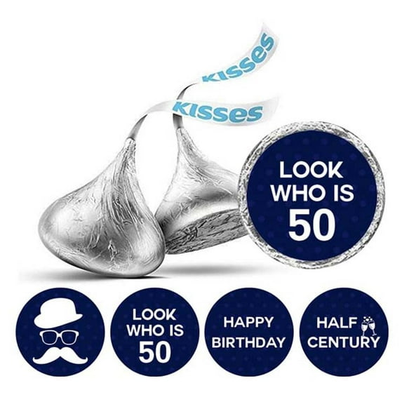 Darling Souvenir Look Who is 50 Birthday Stickers 190 Pcs for chocolate Candy Labels-Dark Blue