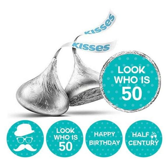 Darling Souvenir Look Who is 50 Birthday Stickers 190 Pcs for chocolate Candy Labels-Turquoise Green