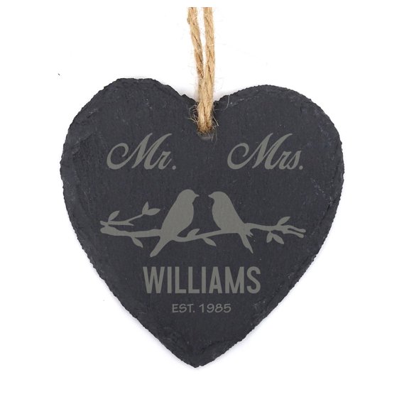 Darling Souvenir MADE WITH LOVE Mr & Mrs Personalized Love Bird Couple Wedding Sign Engraved Slate Hanging Gift Christmas Tree Ornament with String