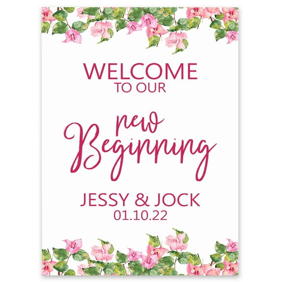 Darling Souvenir MADE WITH LOVE Personalized Welcome Sign/ Banner, Welcome To Our New Beginning Custom Flower Border Wedding, Engagement Party Sign - 18x12