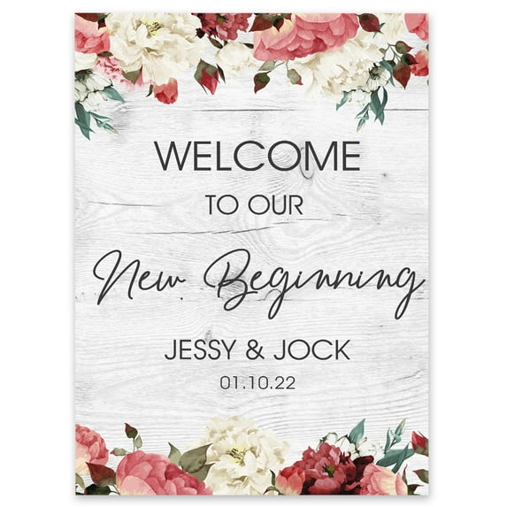 Darling Souvenir MADE WITH LOVE Personalized Welcome Sign/ Banner, Welcome To Our New Beginning Custom Painted Flower With Border Wedding, Engagement Party Sign - 18x12