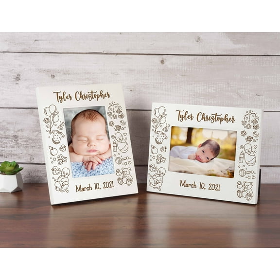 Darling Souvenir MADE WITH LOVEPersonalized WoodEngraved Baby Picture Frame, Table Top WhitePhotoFrame (New Born Baby) Customizable Quote - 4x6 Inches Horizontal
