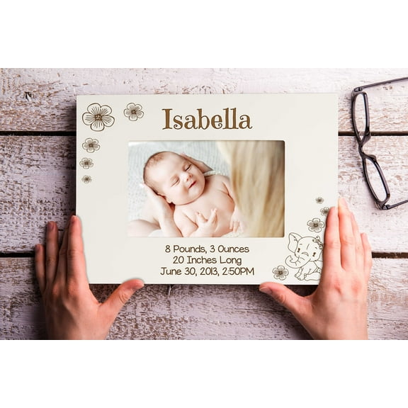 Darling Souvenir MADE WITH LOVEPersonalized WoodEngraved Baby Picture Frame, Table Top WhitePhotoFrame (New Born Baby) Customizable Quote - 5x7 Inches Horizontal