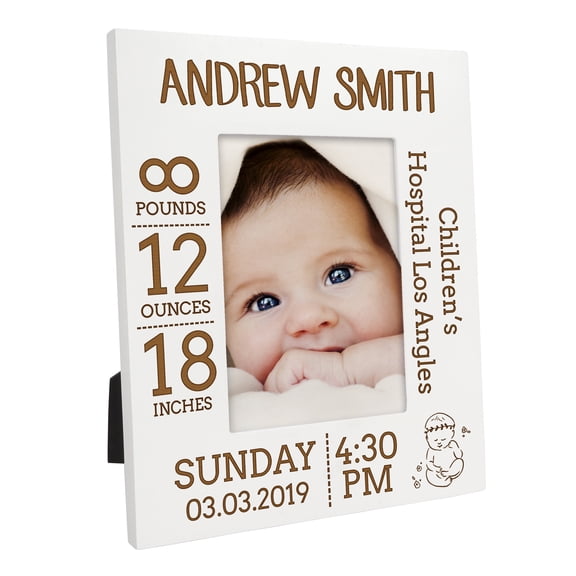 Darling Souvenir MADE WITH LOVEPersonalized WoodEngraved Baby Picture Frame, Table Top WhitePhotoFrame (New Born Baby) Customizable Quote - 5x7 Inches Vertical