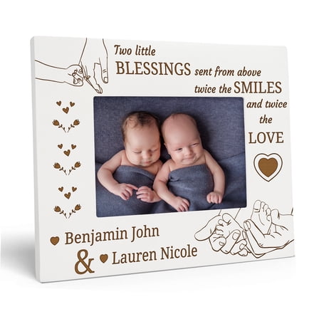 Darling Souvenir MADE WITH LOVEPersonalized WoodEngraved Baby Picture Frame, Table Top WhitePhotoFrame (Twin Baby) Customizable Quote - 4x6 Inches Horizontal