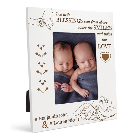 Darling Souvenir MADE WITH LOVEPersonalized WoodEngraved Baby Picture Frame, Table Top WhitePhotoFrame (Twin Baby) Customizable Quote - 4x6 Inches Vertical