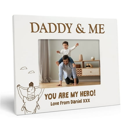 Darling Souvenir MADE WITH LOVEPersonalized WoodEngraved Dads Picture Frame, Table Top WhitePhotoFrame (Daddy & Me You Are My Hero!) Customizable Quote - 4x6 Inches Horizontal