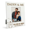 thumbnail image 1 of Darling Souvenir MADE WITH LOVEPersonalized WoodEngraved Dads Picture Frame, Table Top WhitePhotoFrame (Daddy & Me You Are My Hero!) Customizable Quote - 4x6 Inches Vertical, 1 of 8