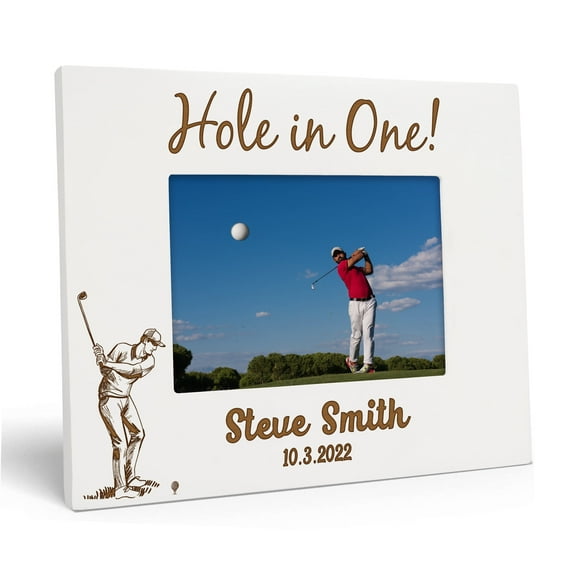 Darling Souvenir MADE WITH LOVEPersonalized WoodEngraved Golf Picture Frame, Table Top WhitePhotoFrame (Hole In One!) Customizable Quote - 4x6 Inches Horizontal