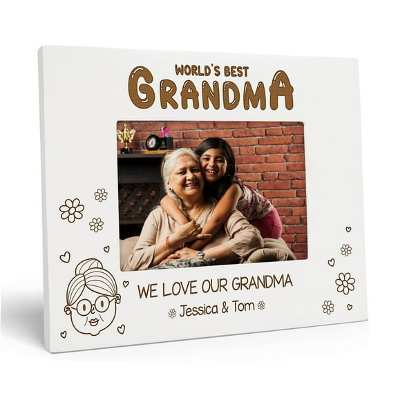 Darling Souvenir MADE WITH LOVEPersonalized WoodEngraved Grandma Picture Frame, Table Top WhitePhotoFrame (World's Best Grandma We Love Our Grandma) Customizable Quote - 4x6 Inches Horizontal