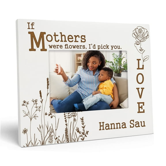 Darling Souvenir MADE WITH LOVEPersonalized WoodEngraved Mother's Picture Frame, Table Top WhitePhotoFrame (Mom Love) Customizable Quote - 4x6 Inches Horizontal