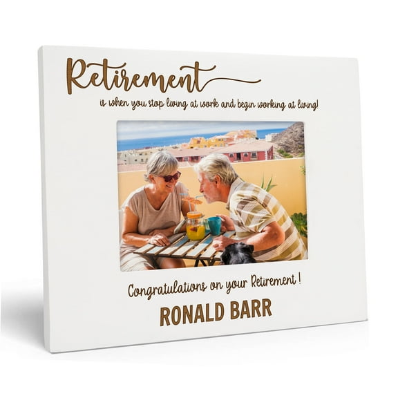 Darling Souvenir MADE WITH LOVEPersonalized WoodEngraved Picture Frame, Table Top WhitePhotoFrame (Retirement) Customizable Quote - 4x6 Inches Horizontal