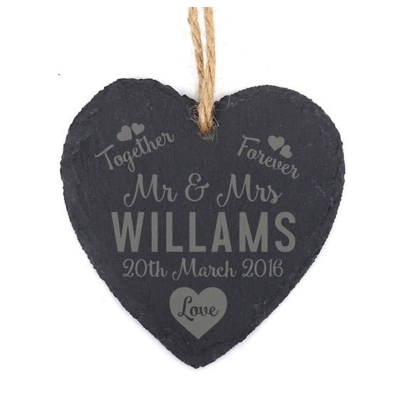 Darling Souvenir MADE WITH LOVE Mr & Mrs Personalized Couple Engraved Heart Slate Hanging Christmas Tree Ornament with String Wedding Sign Gift