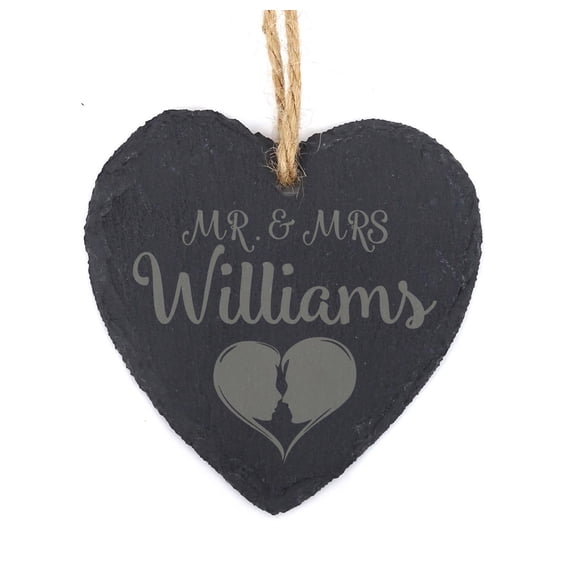 Darling Souvenir MADE WITH LOVE Mr & Mrs Personalized Couple Heart Wedding Sign Gift Engraved Slate Hanging Christmas Tree Ornament with String