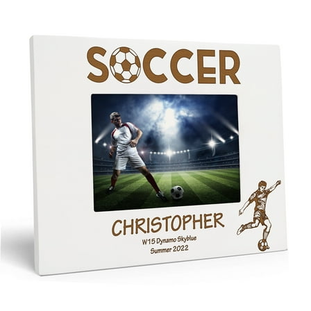 Darling Souvenir MADE WITH LOVEPersonalized WoodEngraved Picture Frame, Table Top WhitePhotoFrame (Soccer) Customizable Quote - 4x6 Inches Horizontal