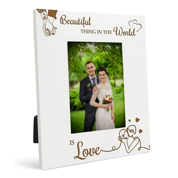 Darling Souvenir Made With Love Engraved Table Top Photo Frame Wooden Beartiful Thing In The World Is Love Quotes White Picture Frame Gift For Brothers Day, 4x6 Inches Vertical Photo Size