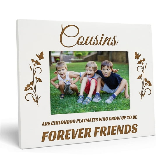 Darling Souvenir Made With Love Engraved Table Top Photo Frame Wooden Cousins Quotes White Picture Frame Gift For Brothers Day, 5x7 Inches Horizontal Photo Size