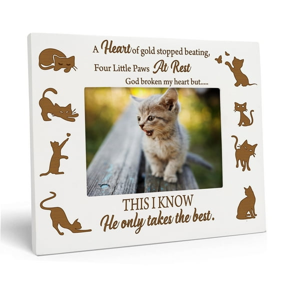 Darling Souvenir Wooden Engraved Cat Memorial White Picture Frame - Pet Keepsake Photo Holder with Acrylic Glass for Pussycat, Bereavement Gift for Kitten Lover - 4x6 Inches Horizontal