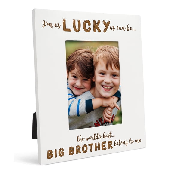 Darling Souvenir Made With Love Engraved Table Top Photo Frame Wooden I Am As Lucky As Can Be Quotes White Picture Frame Gift For Brothers Day, 5x7 Inches Vertical Photo Size