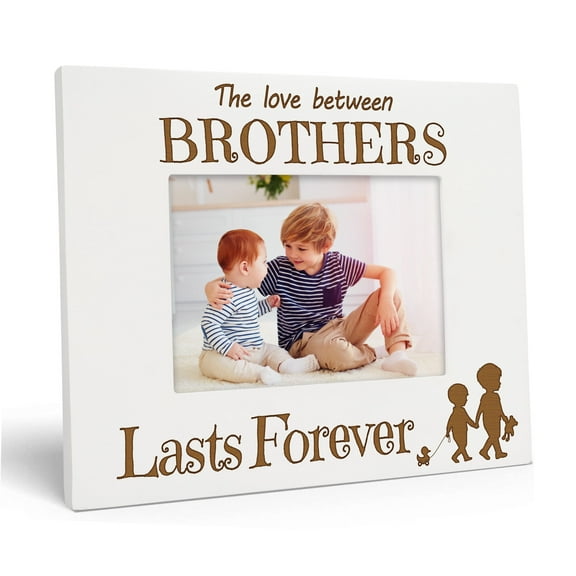Darling Souvenir Made With Love Engraved Table Top Photo Frame Wooden The Love Between Brothers Last Forever Quotes White Picture Frame Gift For Brothers Day, 4x6 Inches Horizontal Photo Size