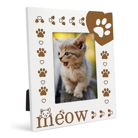 Darling Souvenir Made With Love Engraved Table Top Photo Frame Wooden Meow Quotes White Picture Frame Gift For Brothers Day, 4x6 Inches Vertical Photo Size