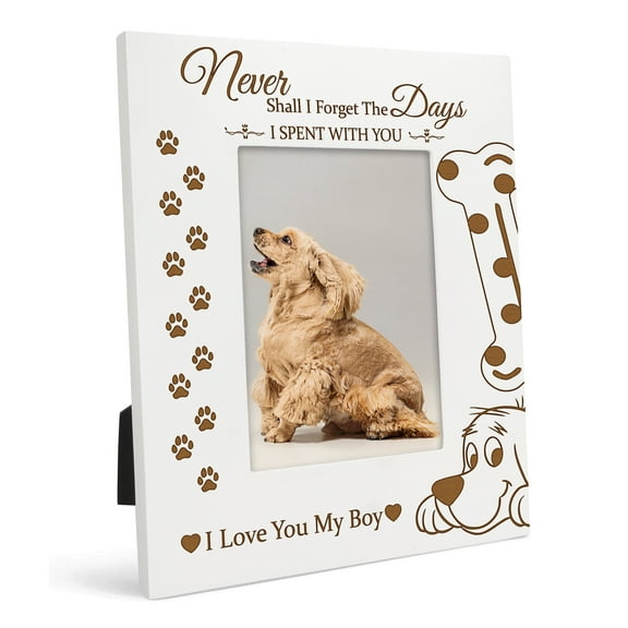 Darling Souvenir Pet Memorial White Photo Frame - Wooden Engraved Dog Remembrance Holder with Acrylic Glass, Forever in My Heart Keepsake, Gift for Doggy Owner 4x6 Inches Vertical