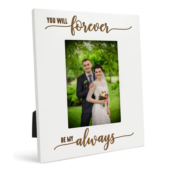 Darling Souvenir Bride and Groom Photo Frame - Wooden Engraved Wedding Couple White Picture Holder with Acrylic Glass - 4x6 Inches Horizontal Marriage Anniversary & Tabletop Decoration