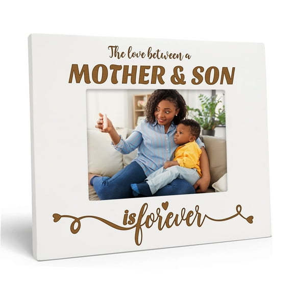 Darling Souvenir Rustic Mother’s Day White Photo Frame - Wooden Mom and Me White Photo Holder , Engraved 4x6 Inches Horizontal Mount with Acrylic Glass, Gift for Mommy or Son