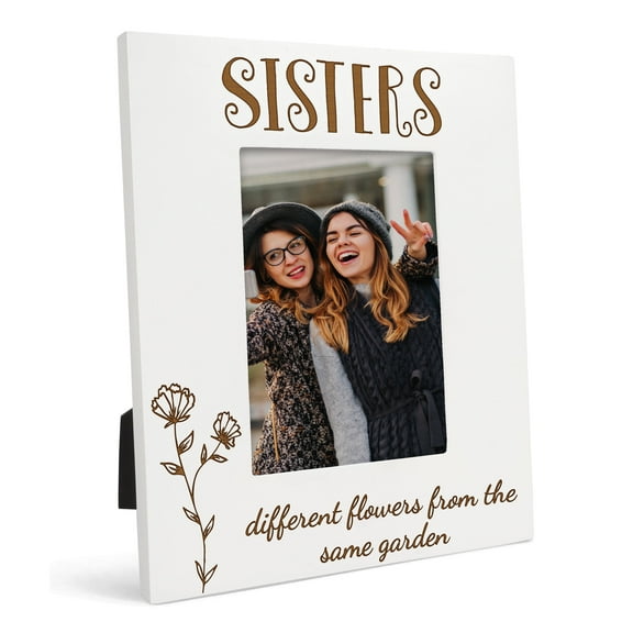 Darling Souvenir Made With LoveEngraved Table Top Photo FrameWooden Sisters Different Flowers From The Same Garden Quotes White Picture Frame Gift For Sister, 5x7 Photo Size Vertical