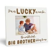 Darling Souvenir Made With Love Engraved Table Top Photo Frame Wooden I Am As Lucky As Can Be Quotes White Picture Frame Gift For Brothers Day, 4x6 Inches Horizontal Photo Size