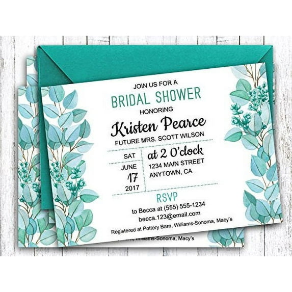 Darling Souvenir Mint Custom Printed Bridal Shower Invitations, Set of 10 Personalized Invites With Envelopes 5 x 7