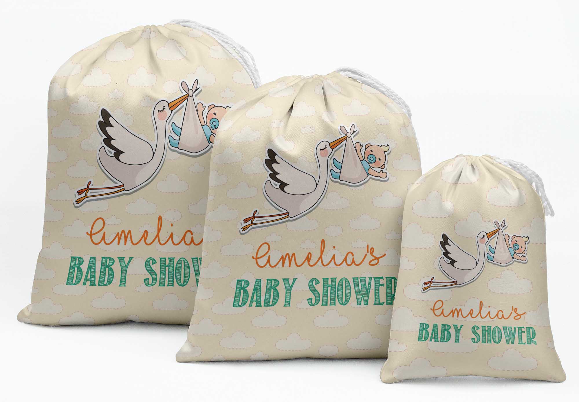 Darling Souvenir Orange Flying Stork Baby Shower Custom Party Supplies Favor Bags Gift Pouches 15 Pieces