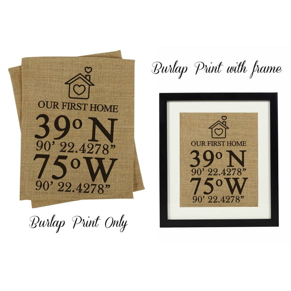 Darling Souvenir Our First Home Burlap Print Wall Decor Address Coordinates Personalized Housewarming Gift-Burlap Print Only(11 x 14 Inches)