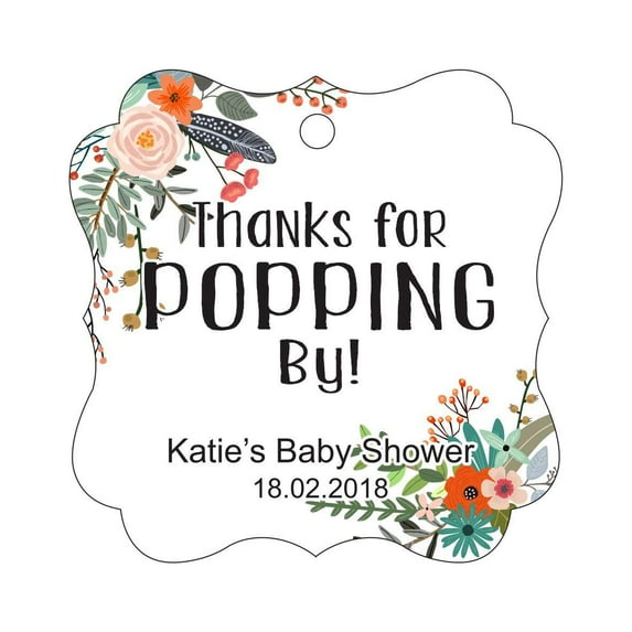 Darling Souvenir Personalized Baby Shower Favor Tags Custom Thanks For Popping By Custom Hang Tags-Floral White-50 Tags