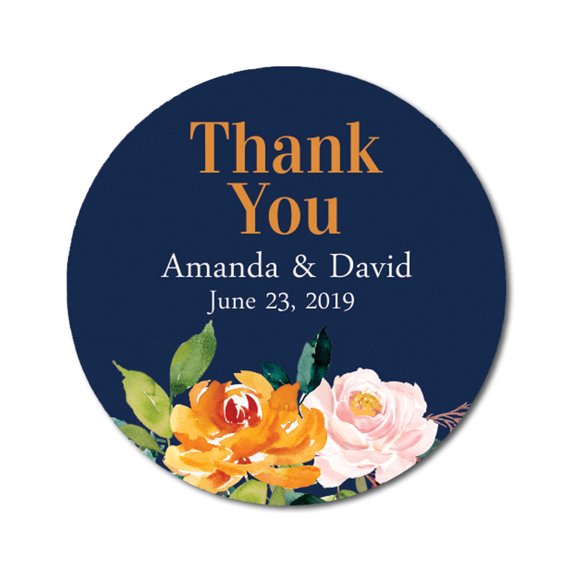 Darling Souvenir Personalized Bride Groom Names And Date Envelope Seals 45 Pcs Round Rose Floral Thank You Stickers-Navy Blue