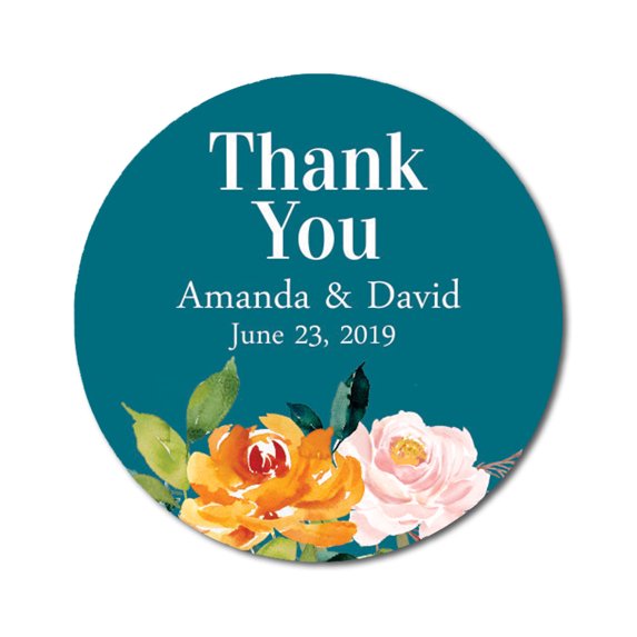 Darling Souvenir Personalized Bride Groom Names And Date Envelope Seals 45 Pcs Round Rose Floral Thank You Stickers-Teal Blue